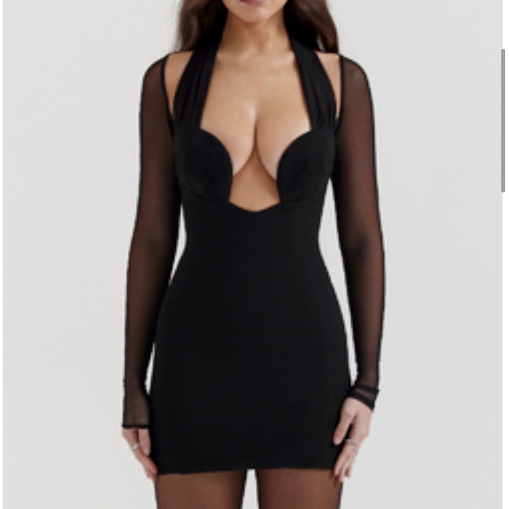 HOUSE OF CB Black Mesh-Sleeve Halter Bodycon Dress